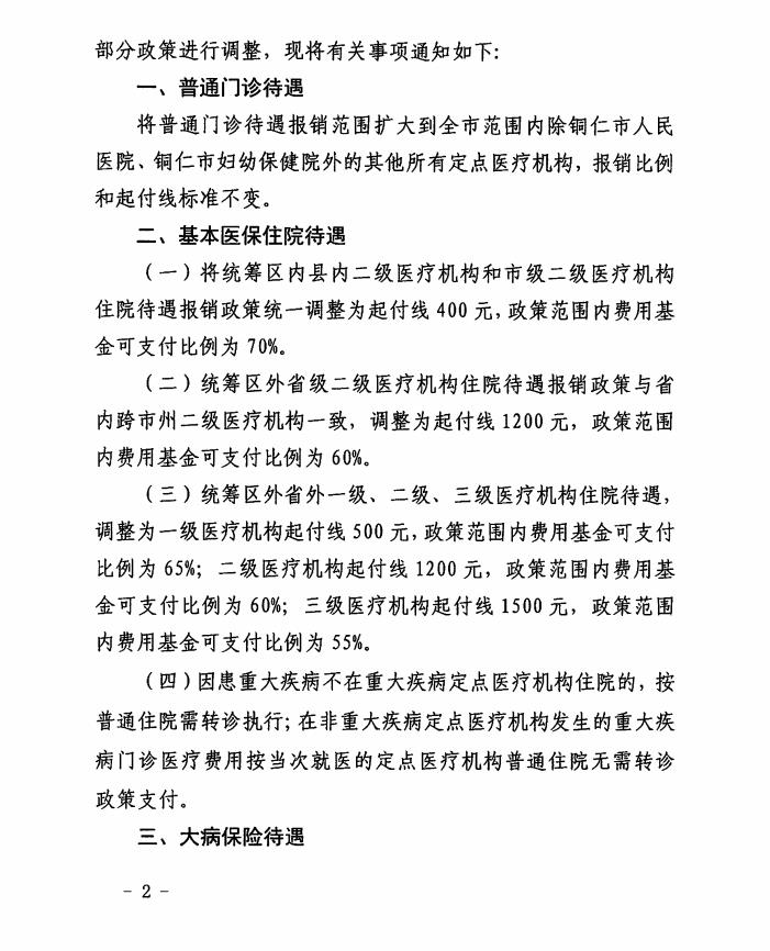 关于调整铜仁市城乡居民基本医疗保险部分待遇支付政策的通知